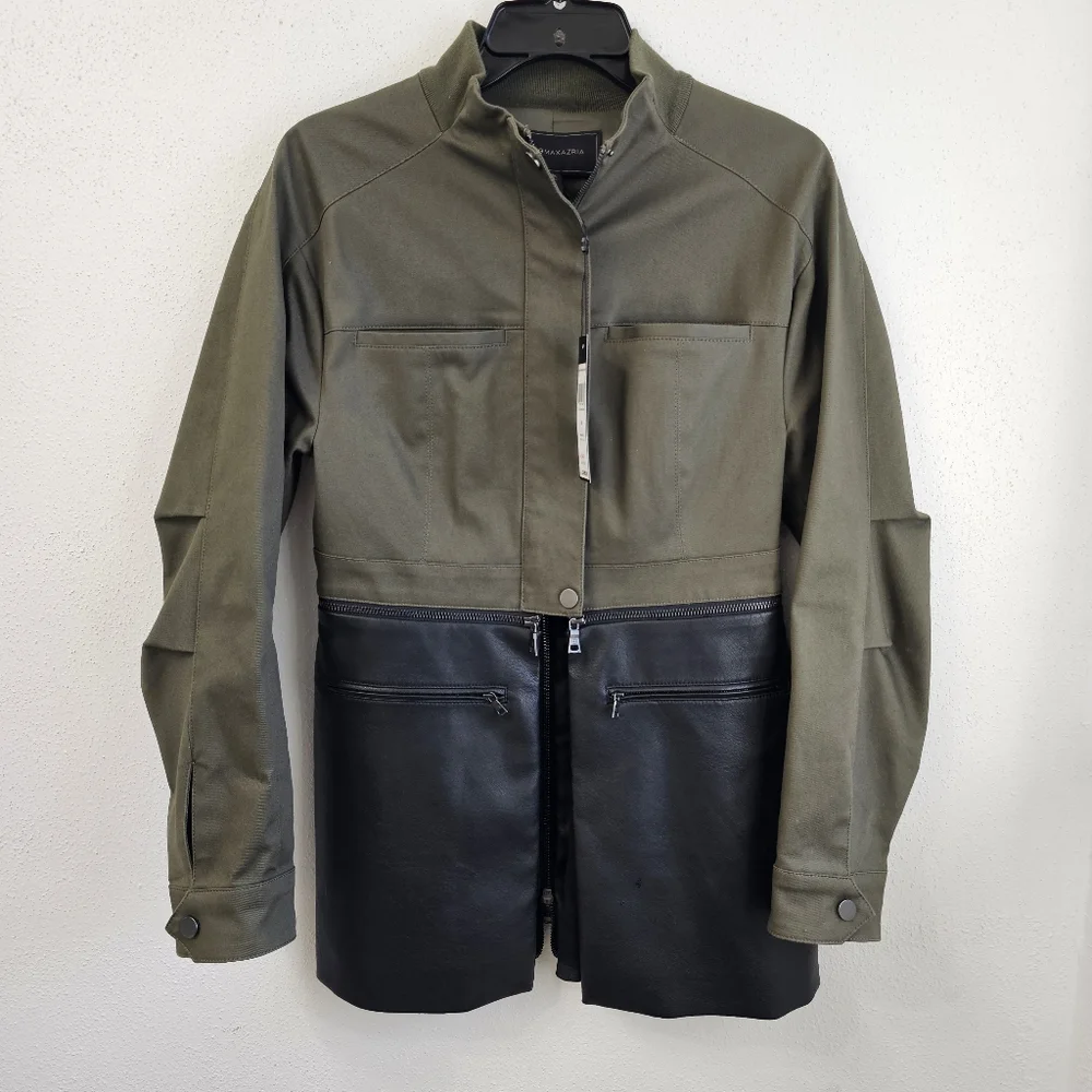 BCBGMAXAZRIA Military Jacket Faux-Leather-Peplum Olive Drab  Size XS
